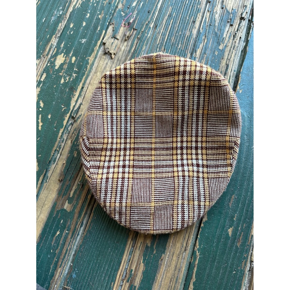 Vintage Plaid Newsboy Cap Brown Tan Yellow Flat Ivy Hat Large A3821